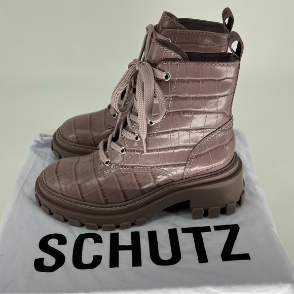 SCHUTZ NWT ORLY CROC PRINTED LUG SOLE COMBAT BOOTS SWEET LILAC 5.5 - Picture 4 of 14